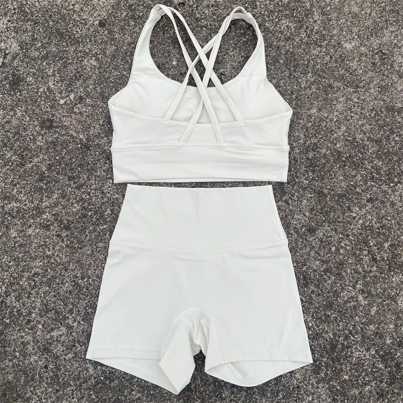 Women Yoga Set Cross Back Bra Top High Waist Shorts