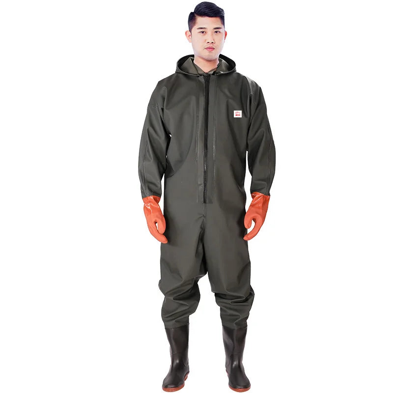 Men's Hooded Waterproof Wader Overalls Set With Boots And Gloves
