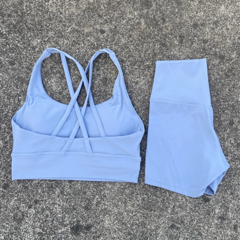 Women Yoga Set Cross Back Bra Top High Waist Shorts