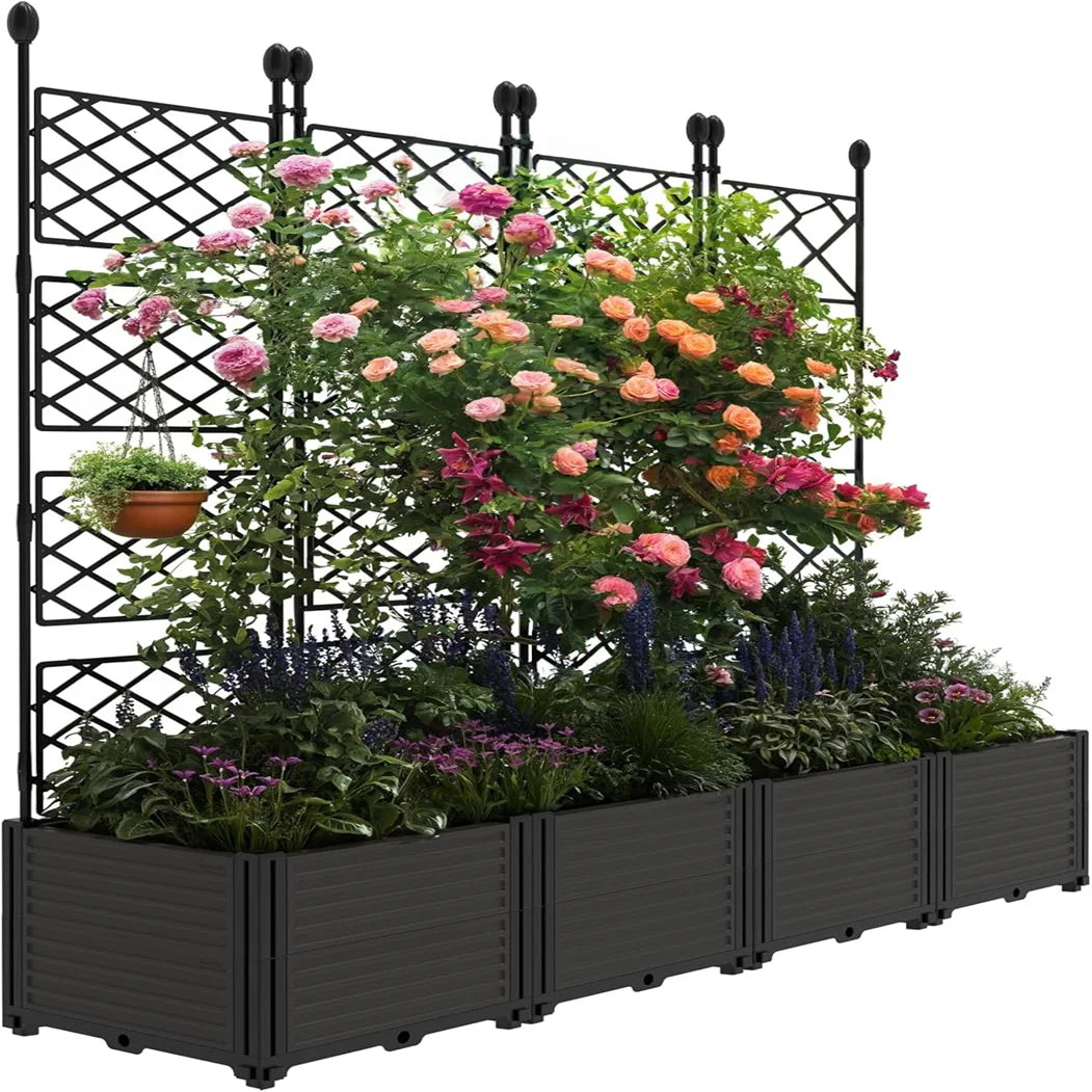 HiMISS Plastic Planter With Metal Trellis Raised Garden Bed Privacy Screen