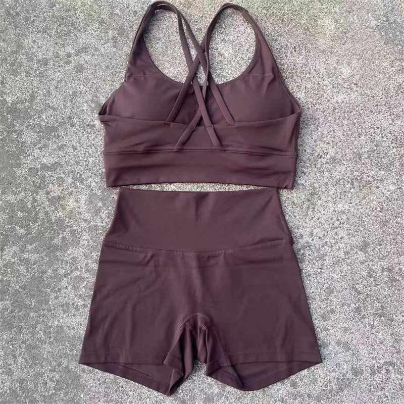 Women Yoga Set Cross Back Bra Top High Waist Shorts