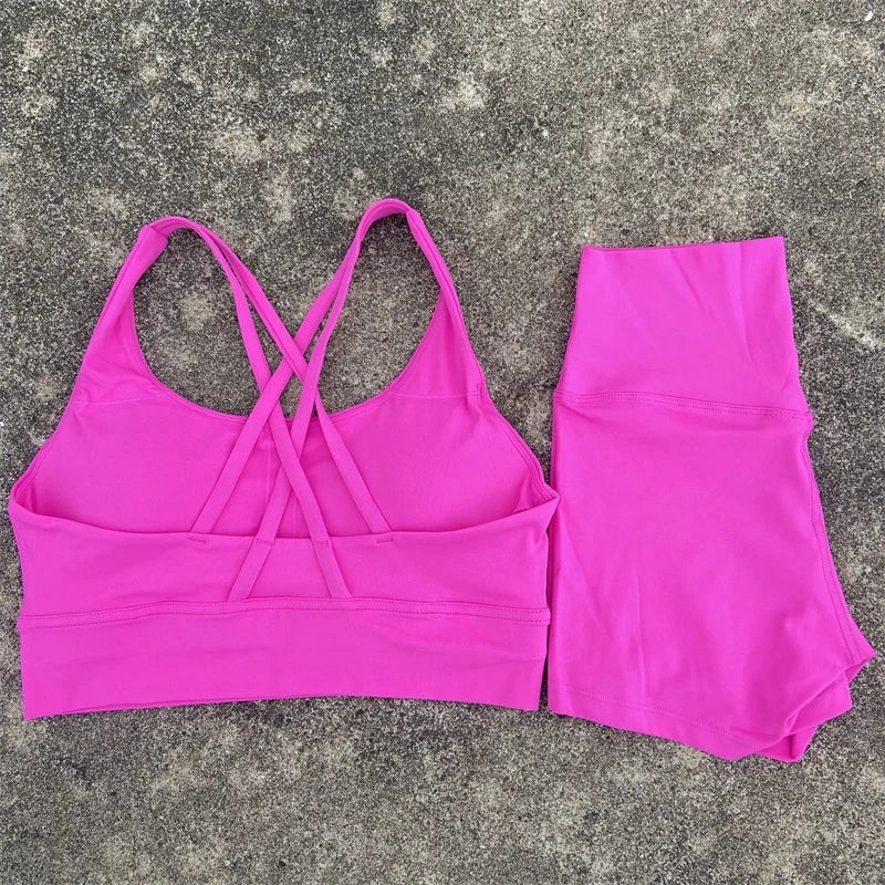 Women Yoga Set Cross Back Bra Top High Waist Shorts