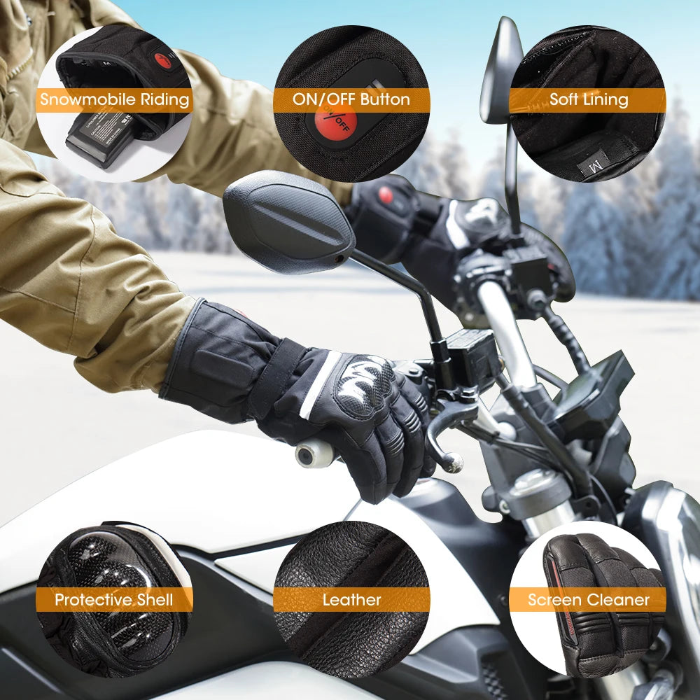 Waterproof Heated Leather Motorcycle Gloves Battery Powered