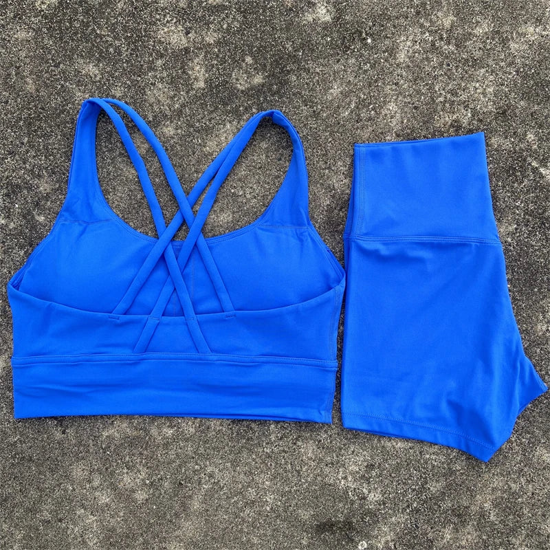 Women Yoga Set Cross Back Bra Top High Waist Shorts