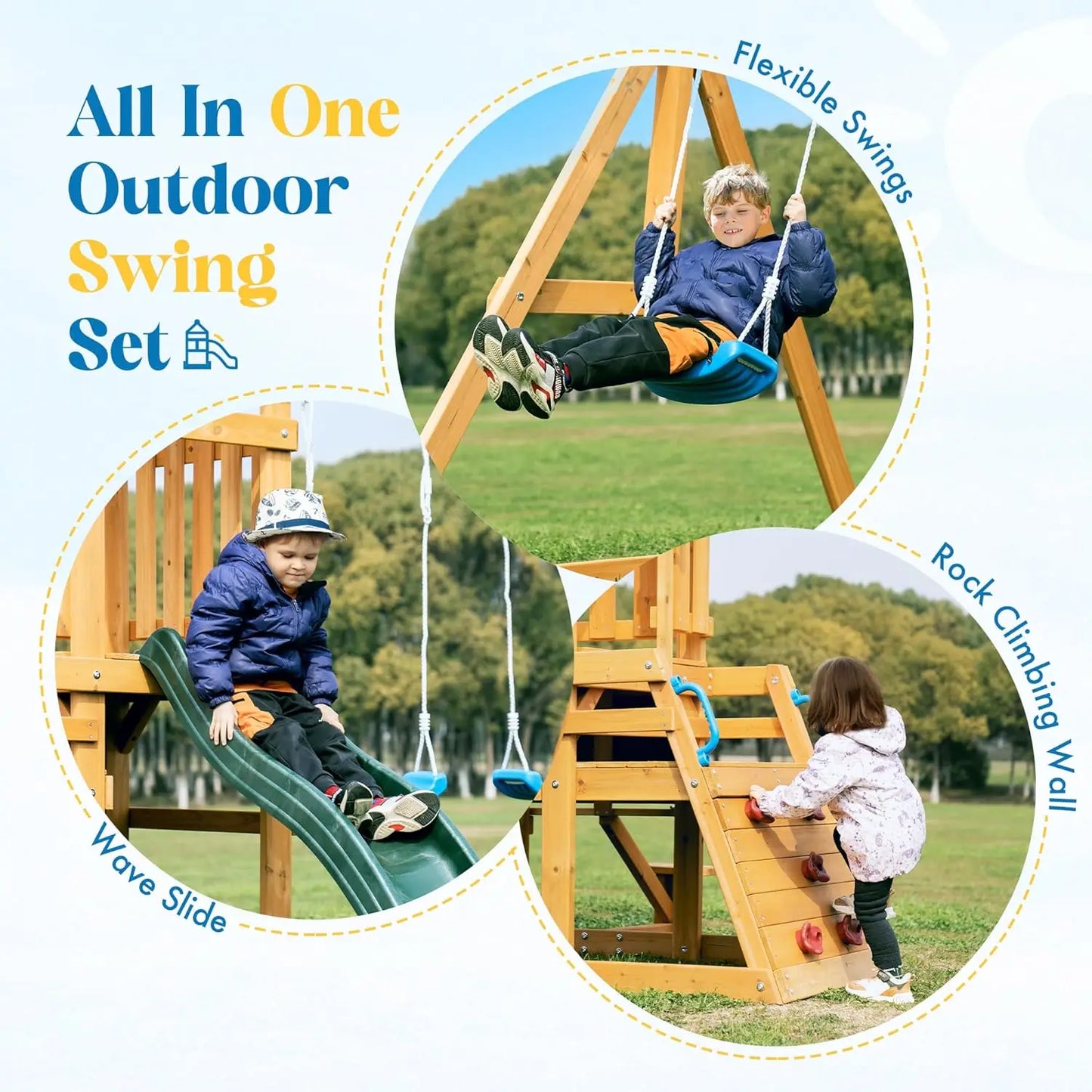Rolife Robud Wooden Swing Set With Dual Swings And Slide
