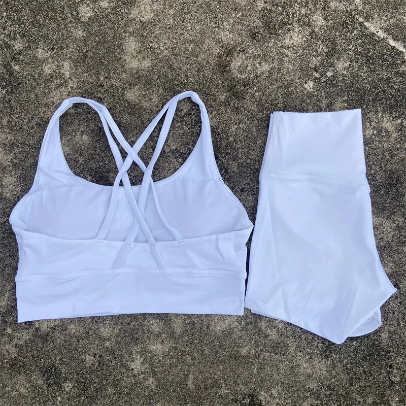Women Yoga Set Cross Back Bra Top High Waist Shorts