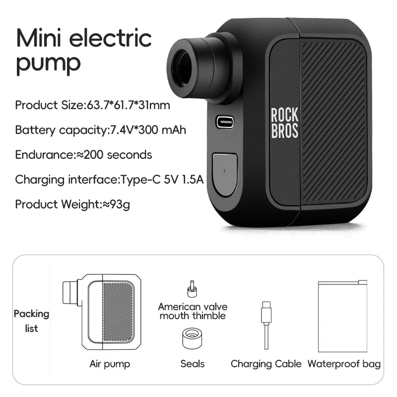 RockBros Mini Electric Pump 100 PSI Type C Rechargeable Inflator