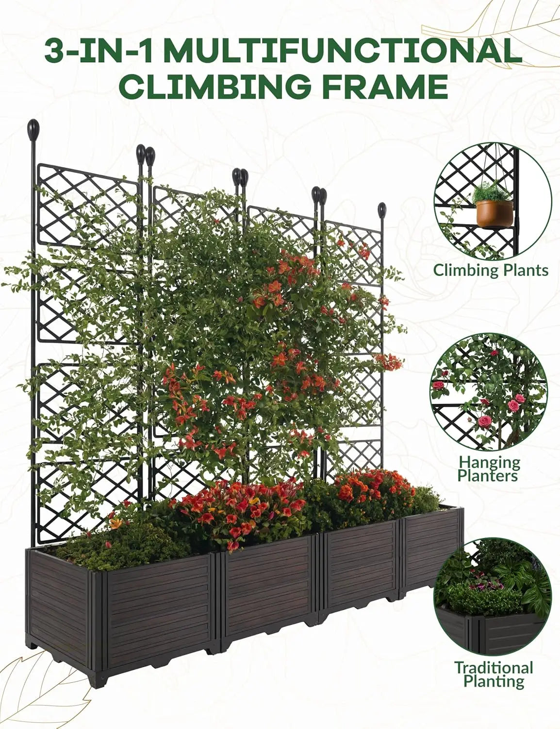 HiMISS Plastic Planter With Metal Trellis Raised Garden Bed Privacy Screen