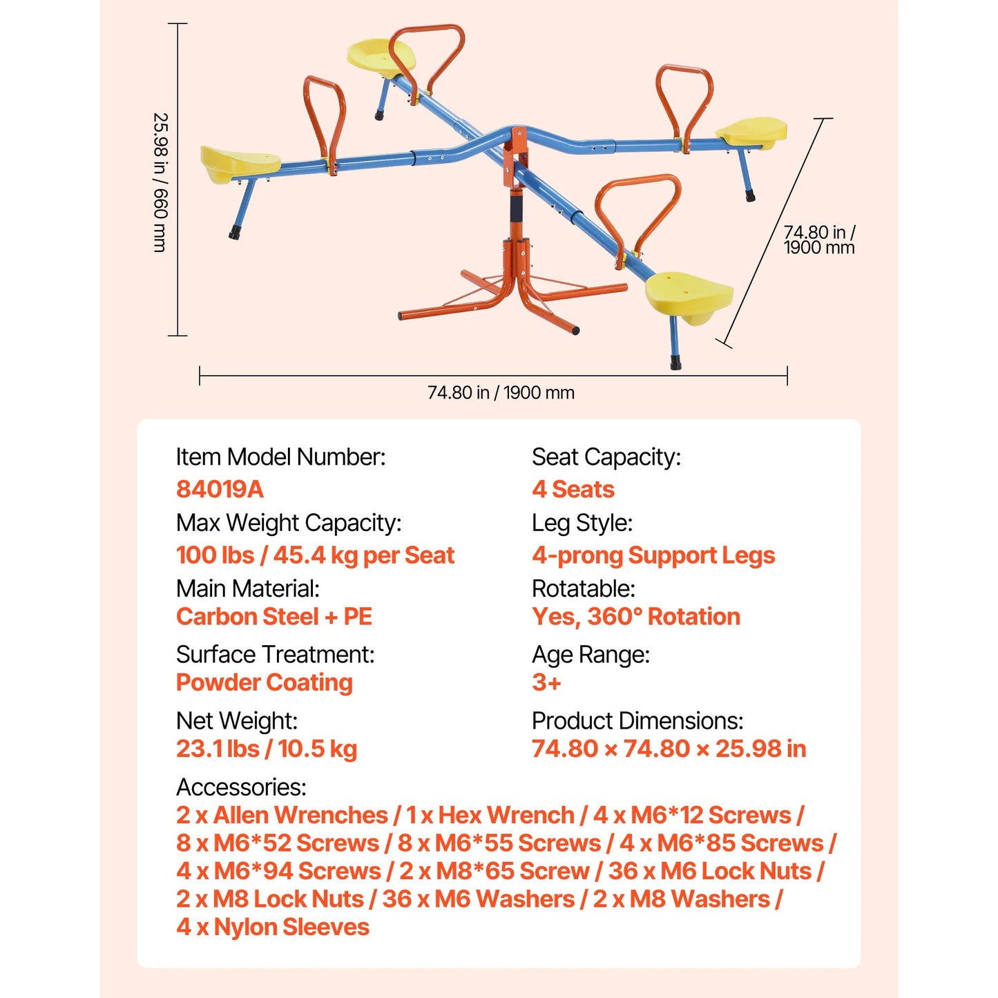 Four Seat Kids Seesaw Teeter Totter With 360 Degree Rotation