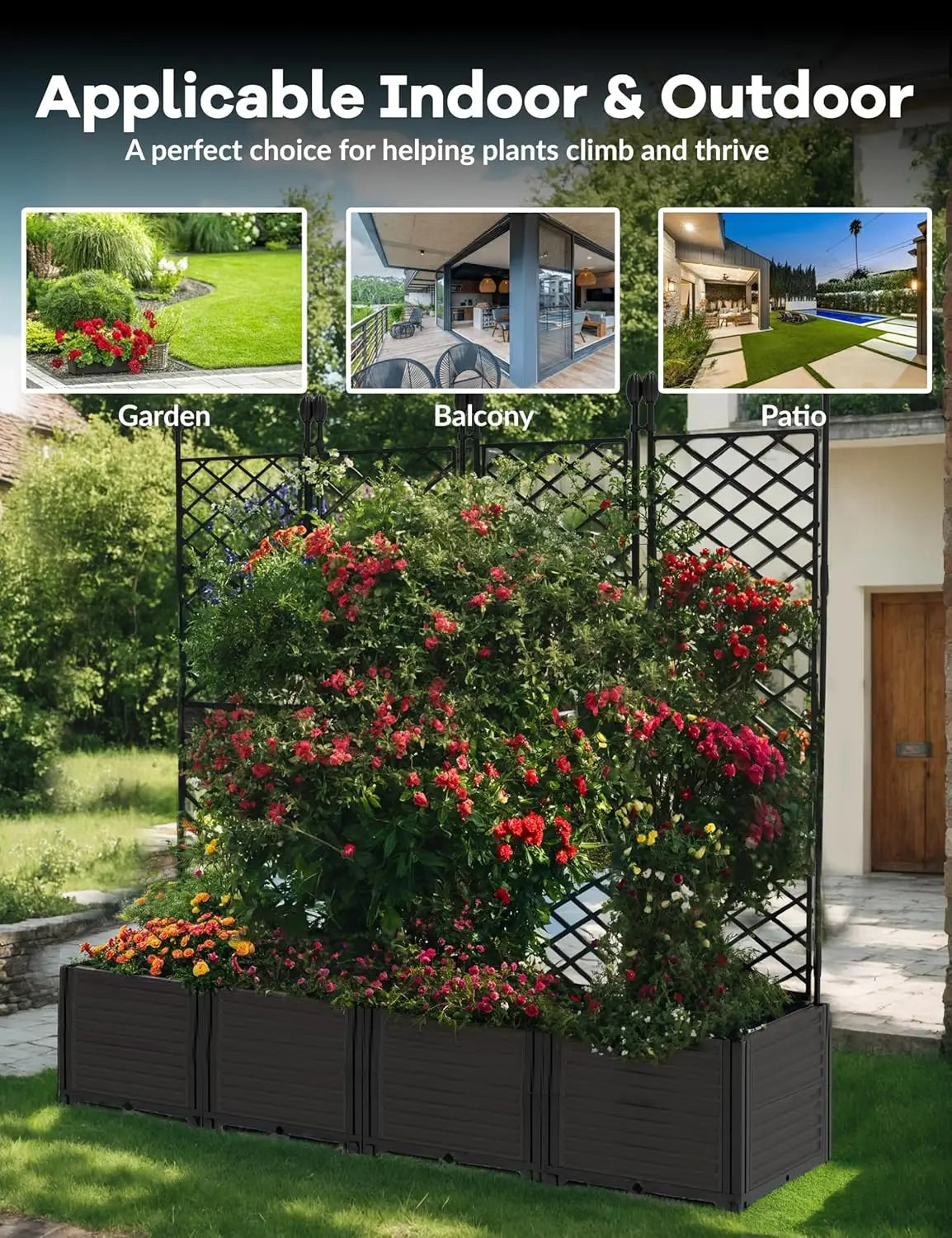 HiMISS Plastic Planter With Metal Trellis Raised Garden Bed Privacy Screen