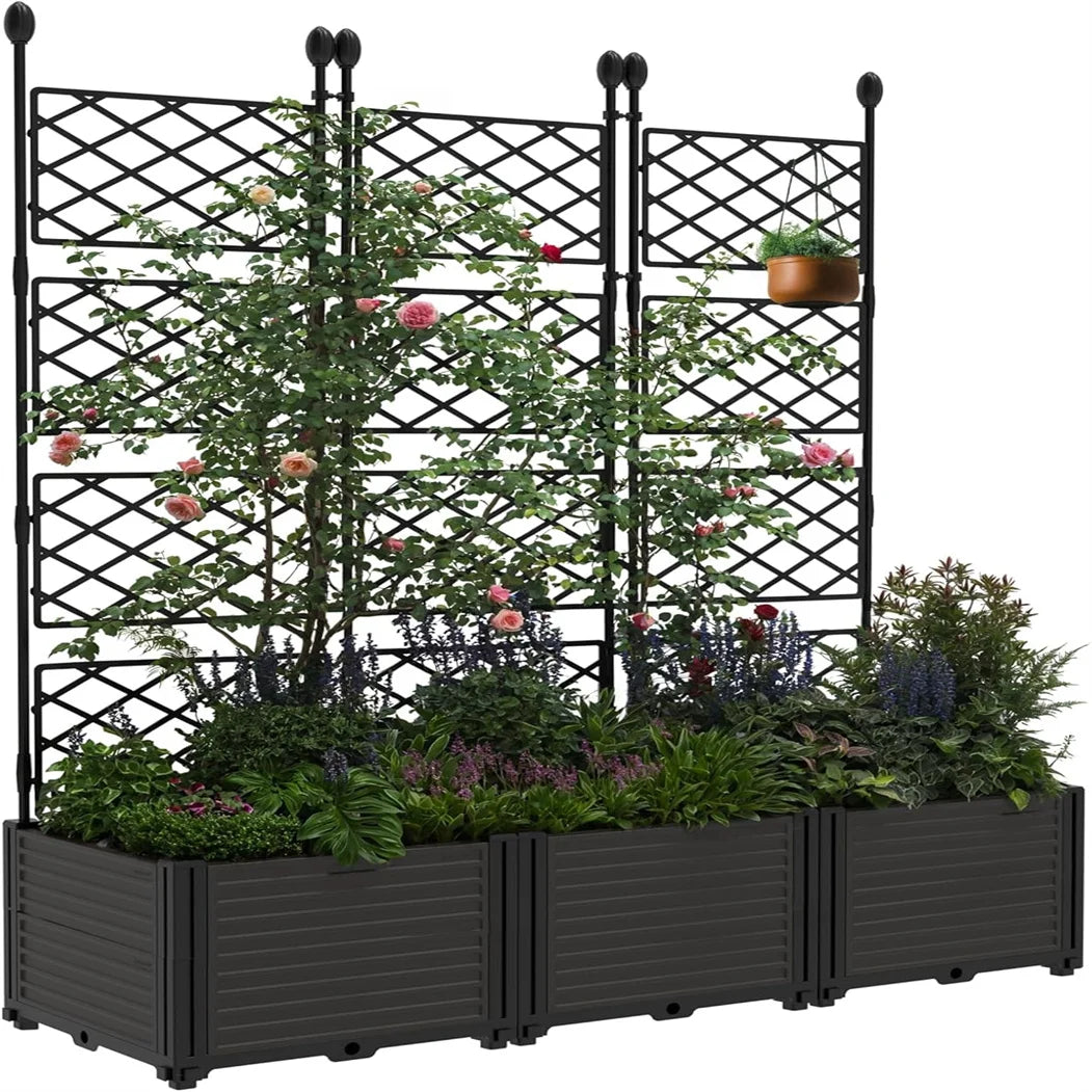 HiMISS Plastic Planter With Metal Trellis Raised Garden Bed Privacy Screen