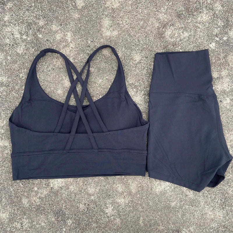 Women Yoga Set Cross Back Bra Top High Waist Shorts