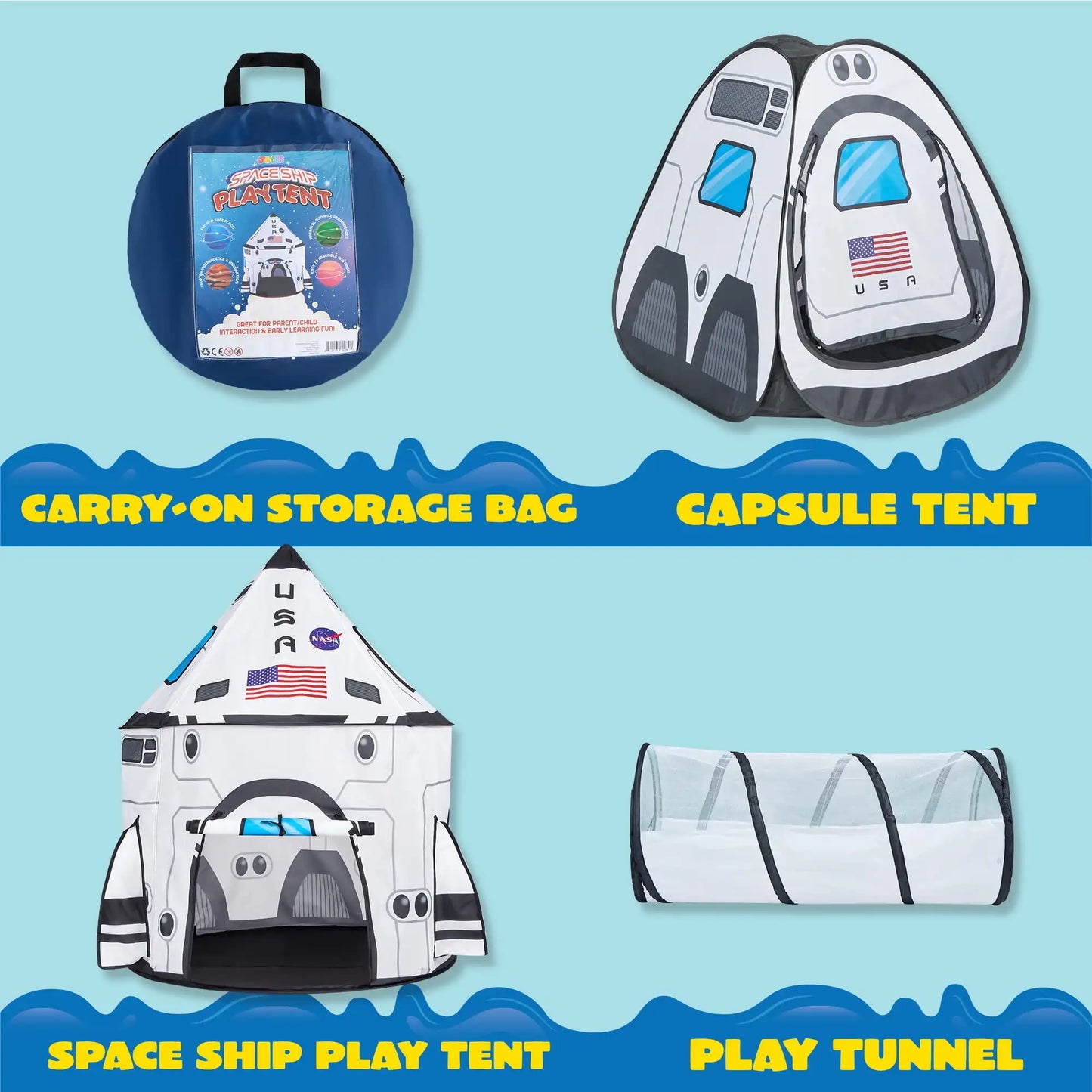 Joyfy Rocket Ship Pop Up Play Tent Set With Tunnel