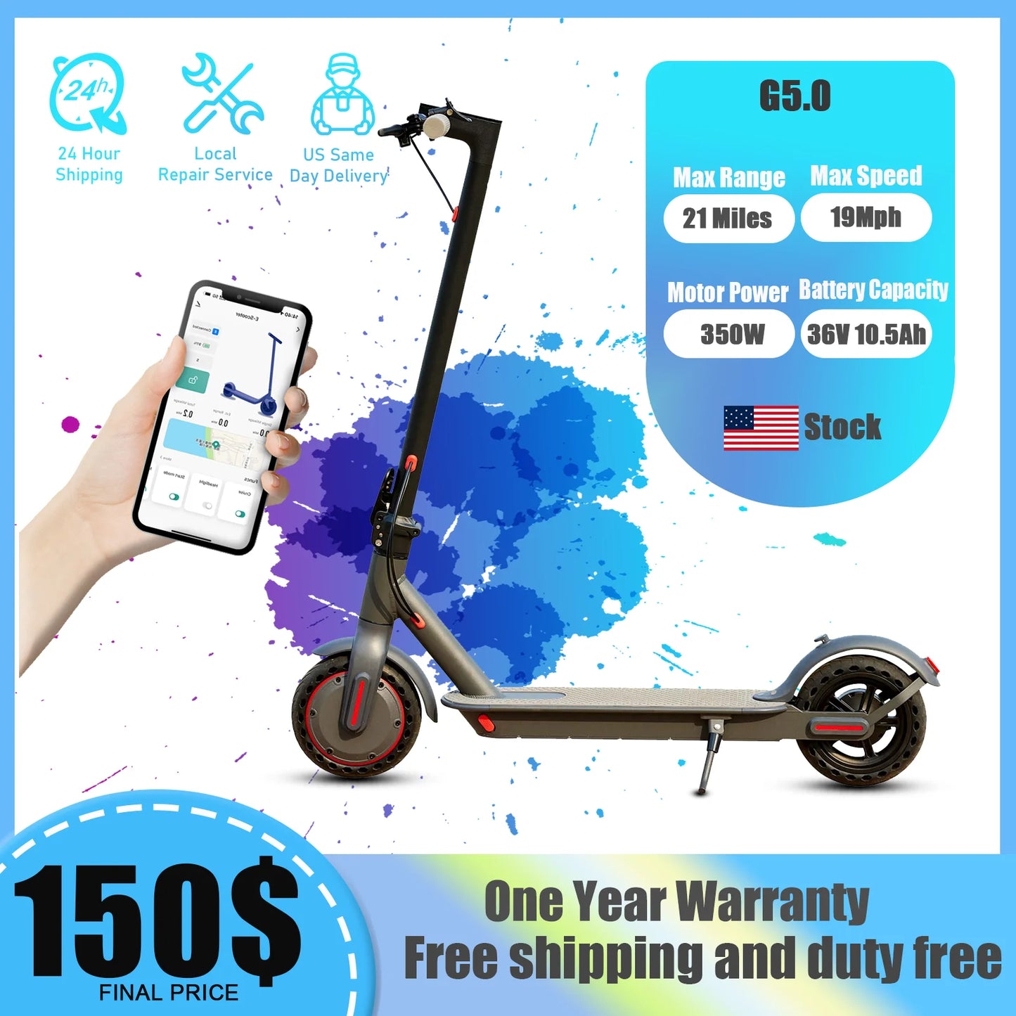 G5.0 Electric Scooter 36V 10.5Ah Battery 21 Mile Range Foldable