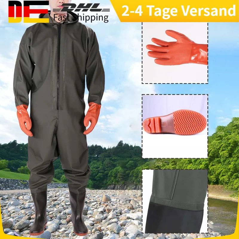 Men's Hooded Waterproof Wader Overalls Set With Boots And Gloves